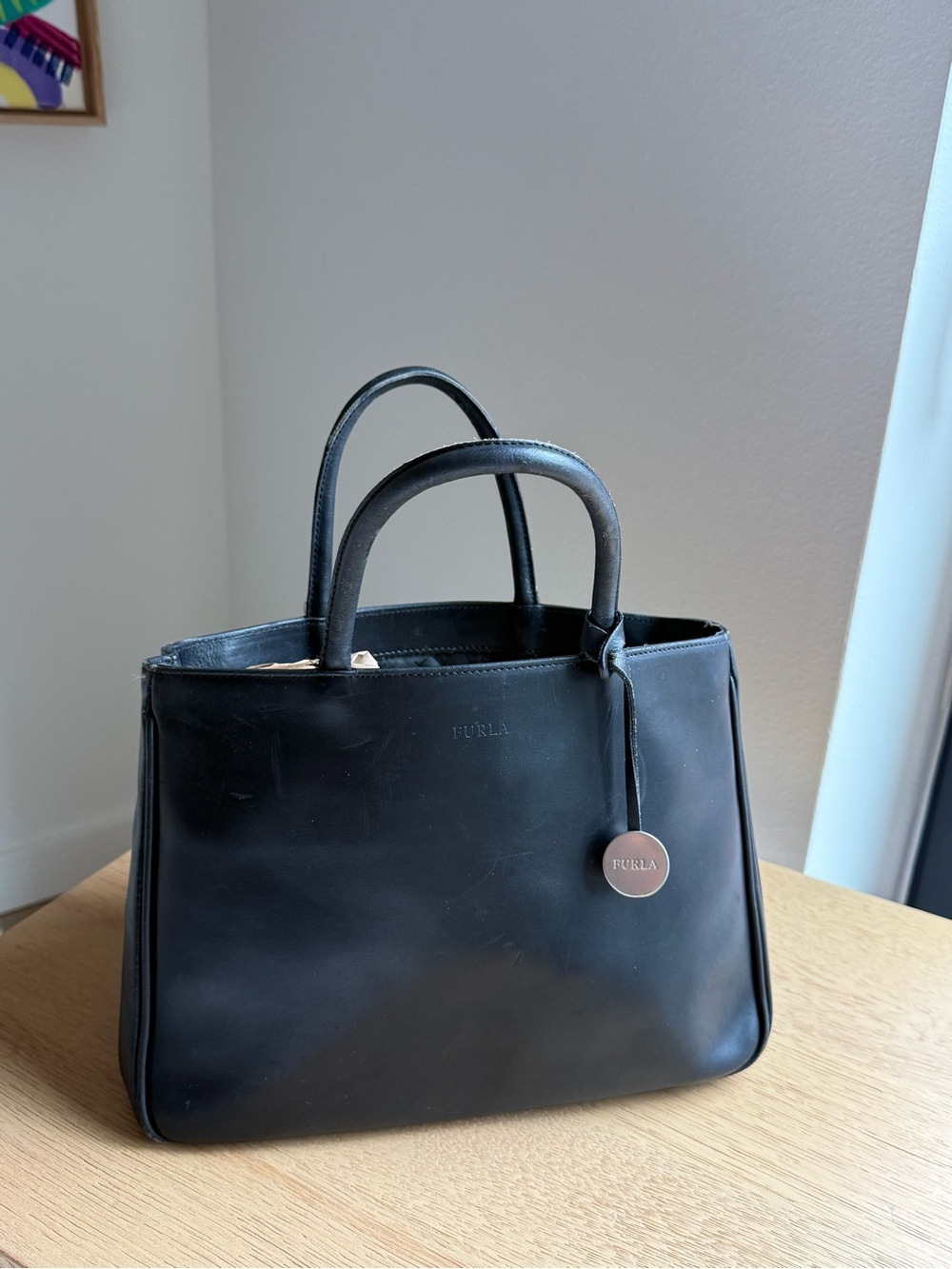 Furla Black Leather Satchel with Logo Charm